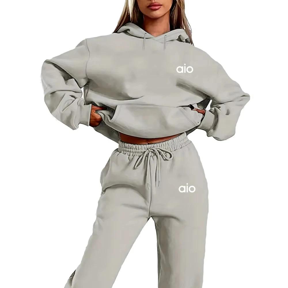 Ai impression haute qualité femmes Monochrome sweat à capuche ensemble décontracté deux pièces ensem