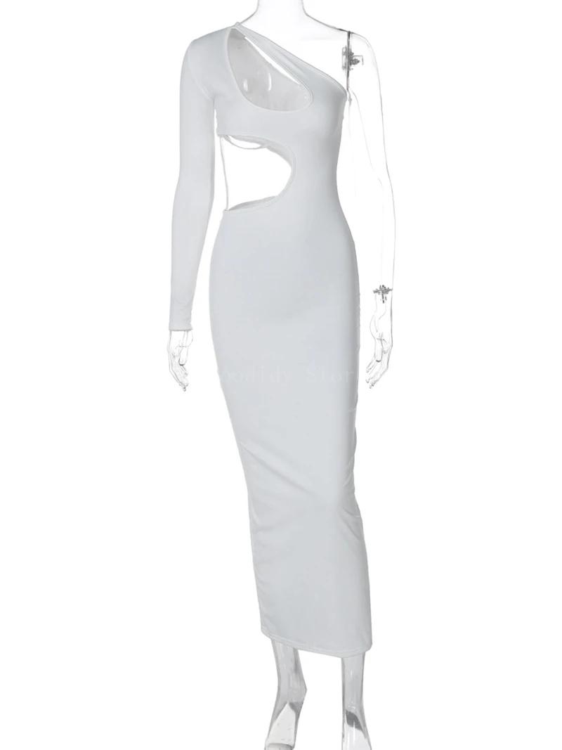 Robe longue sexy à épaules dénudées avec ourlet irrégulier, design évidé, devant rond, document soli