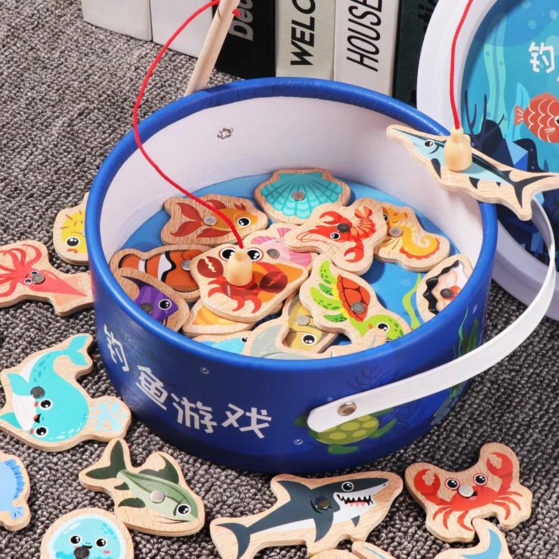 Jouets de pêche magnétiques en bois Montessori, jeux de poissons cognitifs de la vie Marine, jouet é