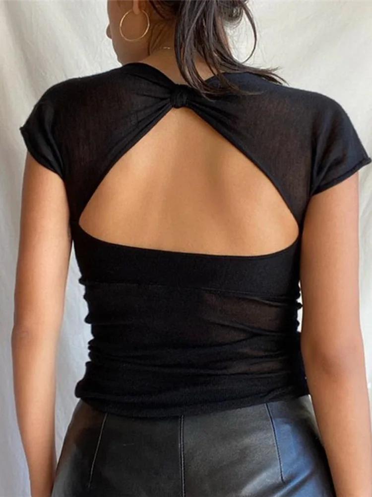 Haut court à manches courtes pour femmes, col carré, dos nu, t-shirts élégants, streetwear maigre, v