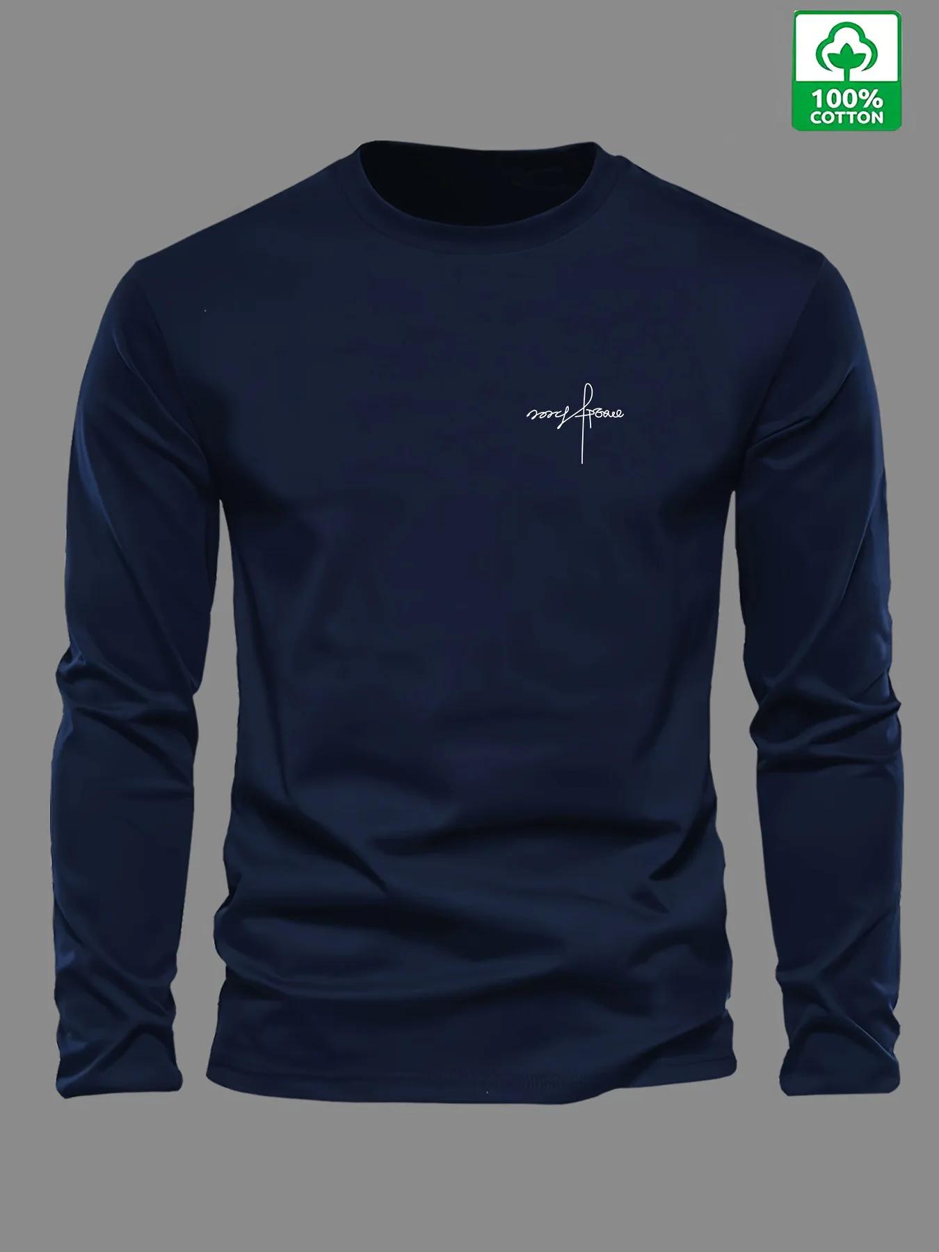T-shirt à manches longues et col rond pour hommes, 100% pur coton, ample et confortable, sport et lo