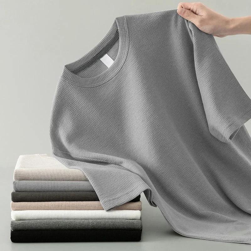 1 pièces hommes T-Shirt d'été homme à manches courtes gaufré solide T-Shirt mâle couleur unie T-Shir