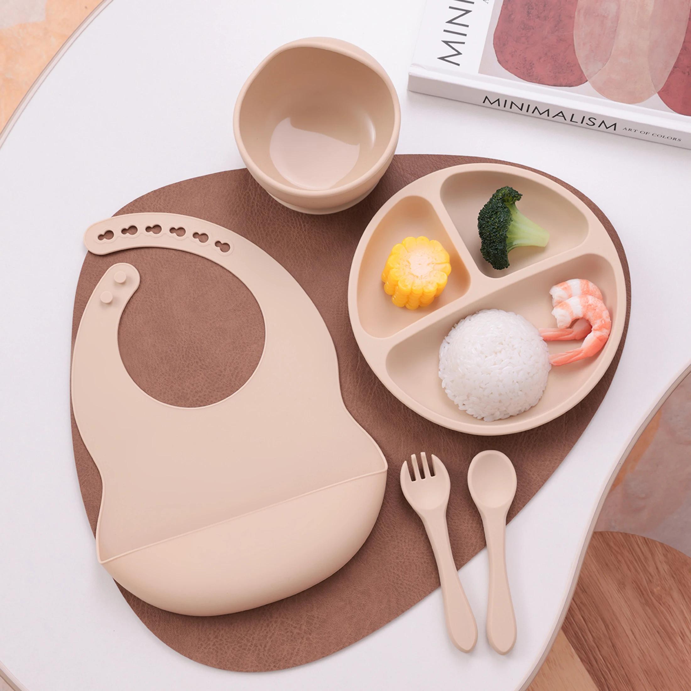 Ensemble d'alimentation en Silicone pour enfants, 5 pièces, plats à succion, assiette sans BPA, bol 
