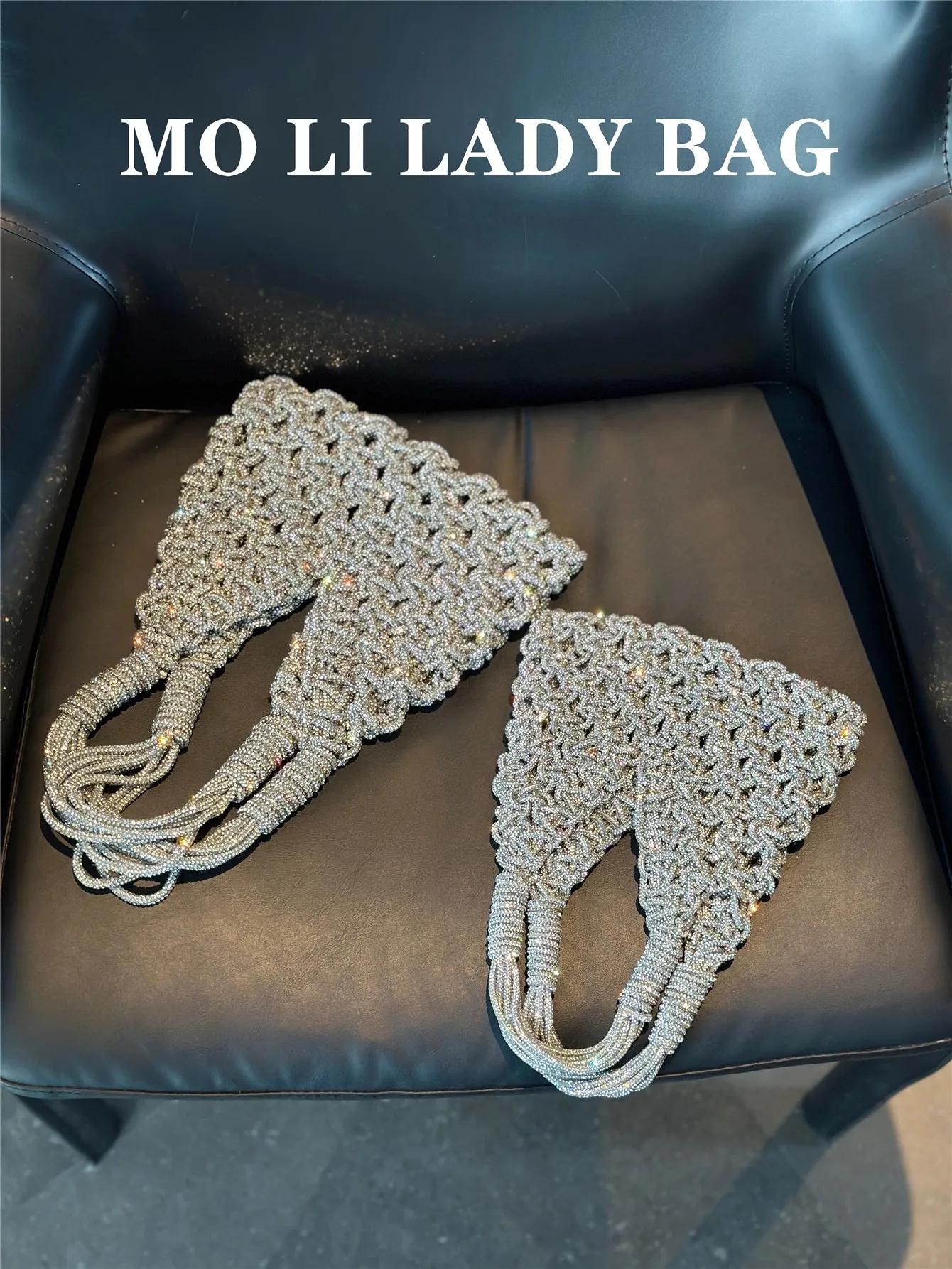 Sac seau de luxe tissé à la main avec corde à paillettes pour femmes, sac à main en diamant, pochett