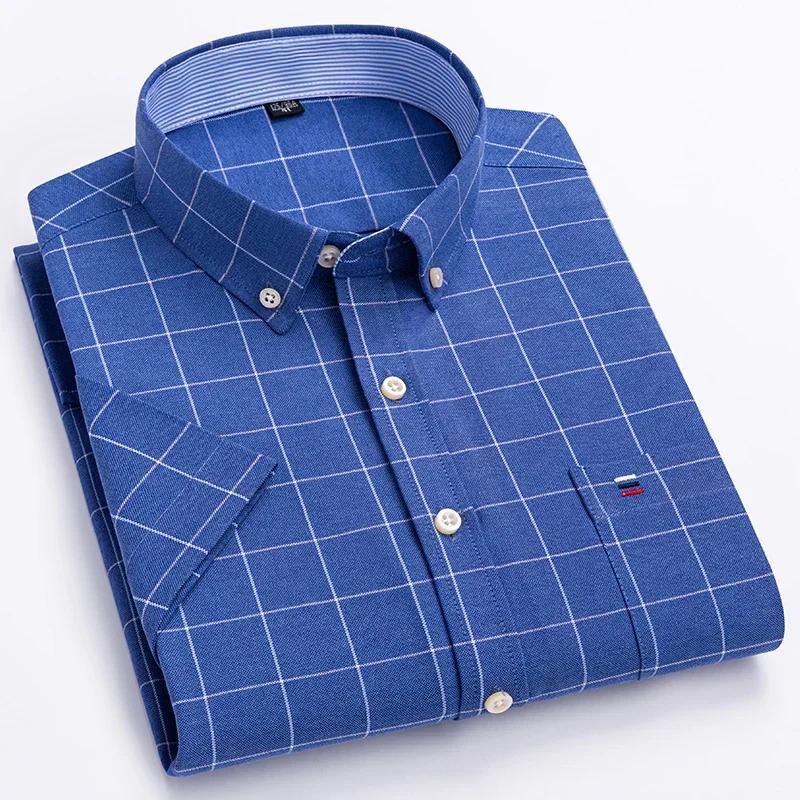 Nouvelle chemise sociale pour hommes à manches courtes 100% pur coton Oxford doux boutonné Plaid for