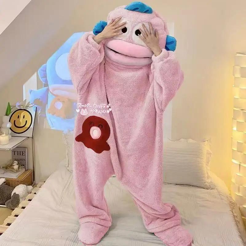 Pyjama Combinaison Hangyodon Mignon en Flanelle Épaisse et Chaude pour Couple, Ensemble Assorti Hive