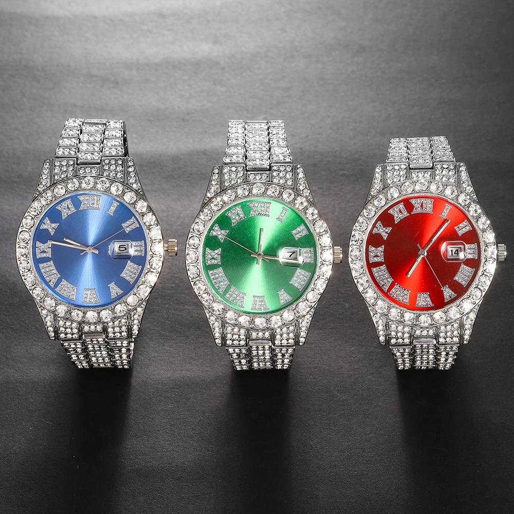 Ensemble de montres en argent pour hommes, 3 pièces, Hip-hop Punk incrusté de diamants + chaîne cuba