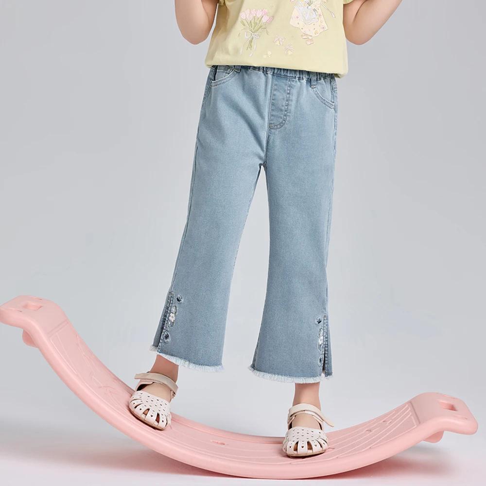 Pantalon d'été brodé pour filles Dave Bella, décontracté, taille élastique, poches, coupe bootcut, j