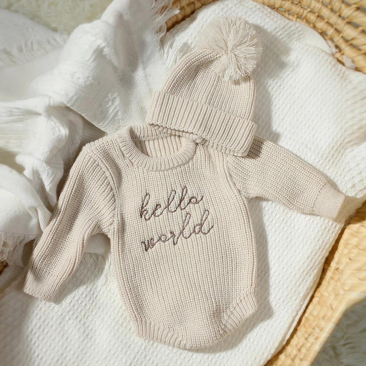 Ylsteed Hello World tricot nouveau-né photographie barboteuse avec chapeau à pompon assorti bébé gar