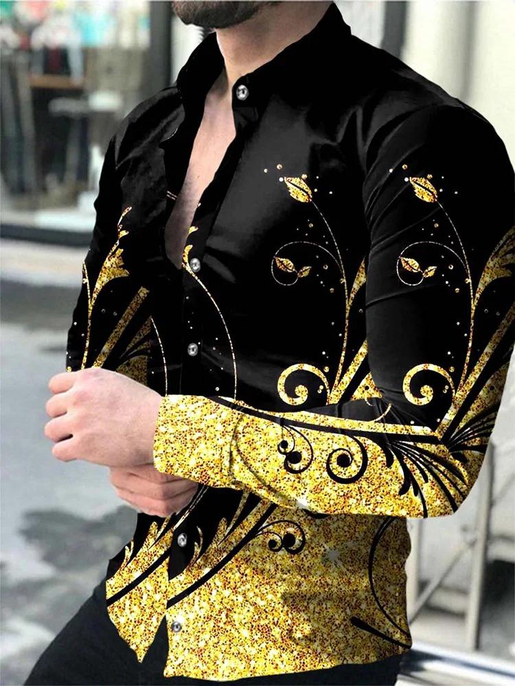 Chemises hawaïennes de luxe à motif doré pour hommes, chemises décontractées à la mode, manches long