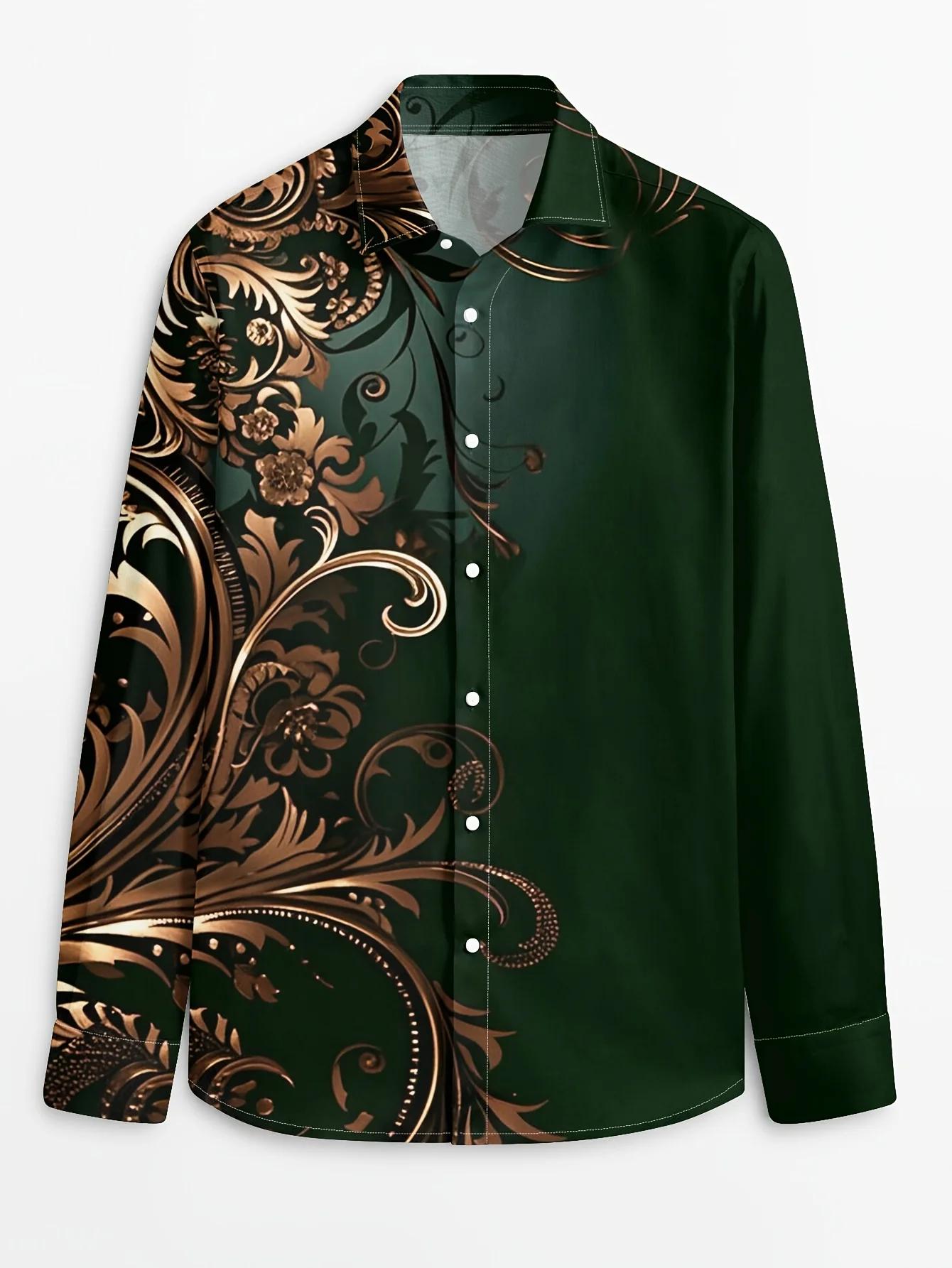 2025 Chemise à manches longues à imprimé floral dégradé pour hommes Décontracté Slim Fit Streetwear 