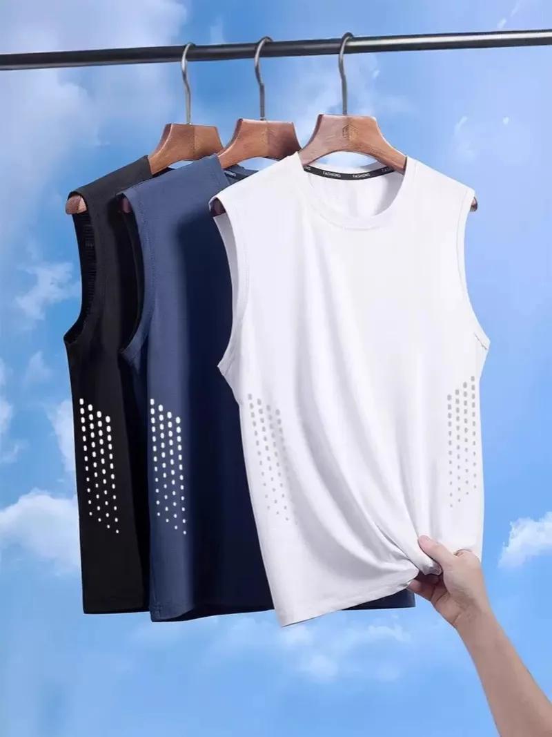 Débardeur d'été en maille pour homme, sans manches, imprimé, col rond, en soie glacée, pour le baske
