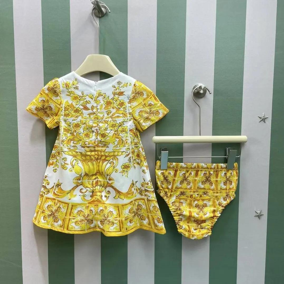 Robe en coton à motif floral doré pour filles, robe bébé, col rond, dernier style, 6-36M, 2024