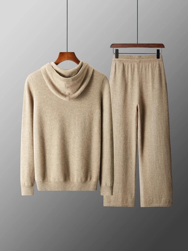 Costume deux pièces en laine mérinos pour hommes, pull tricoté à col à capuche et pantalon à jambes 