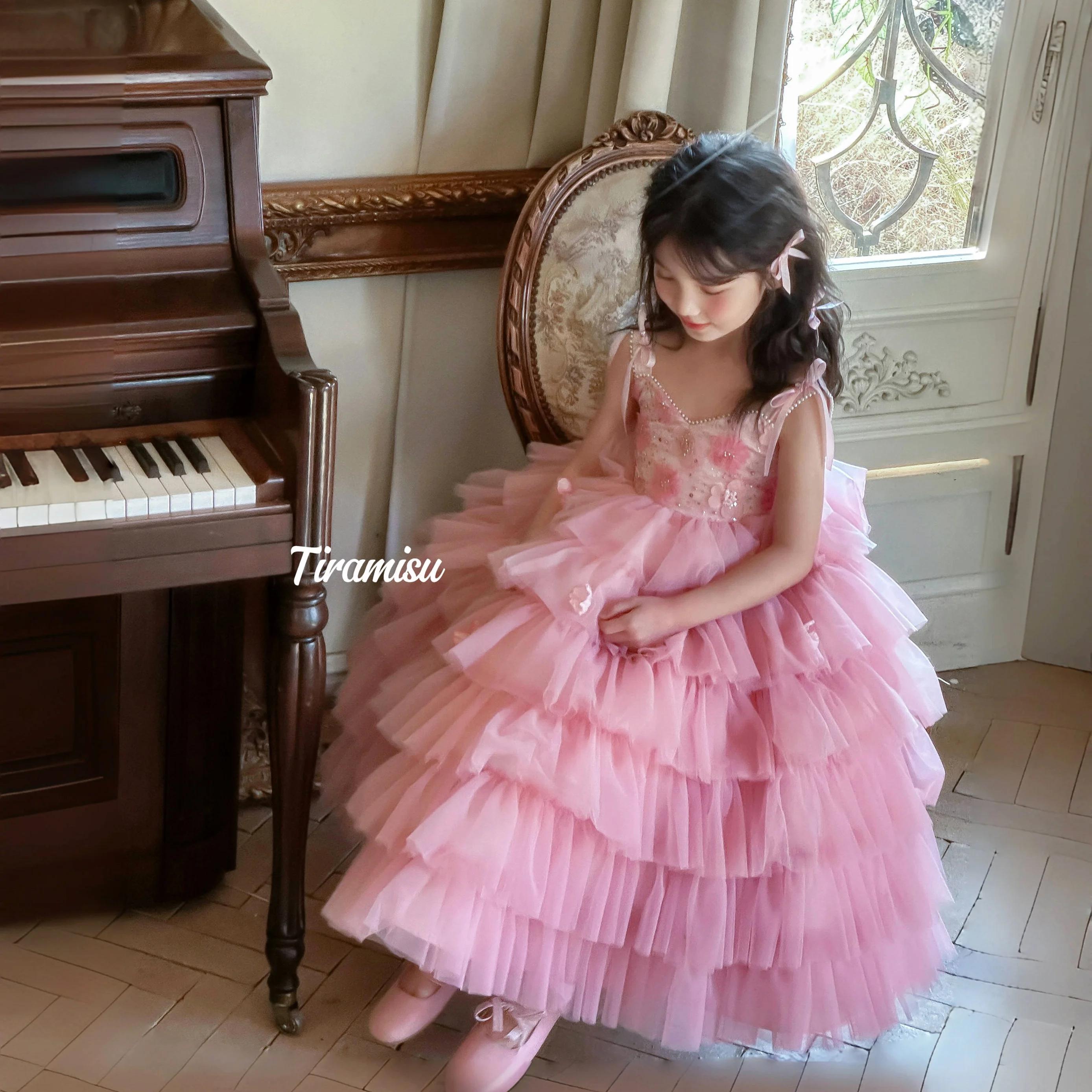 Robe de princesse d'été UNITIM pour filles, robe en gaze rose à fleurs brillantes pour enfants, robe