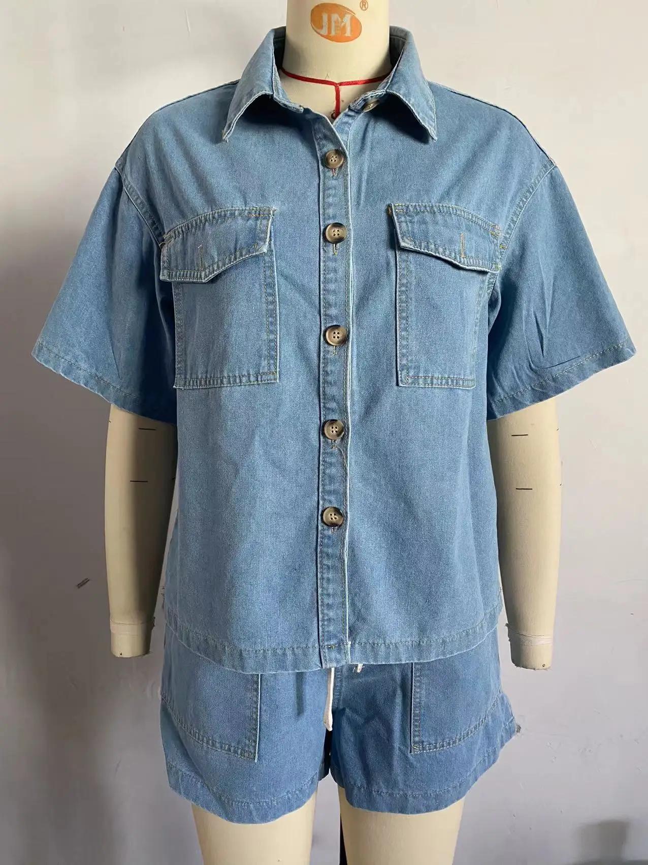 Costumes en denim vintage High Street pour femmes, manches courtes, chemise boutonnée confortable, e