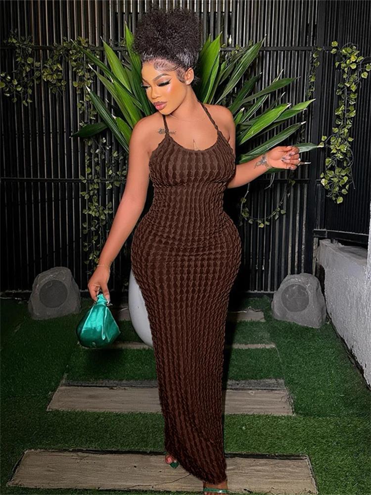 Kliou solide froncé Spaghetti sangle pansement Maxi robe femmes décontracté sans manches dos nu moul