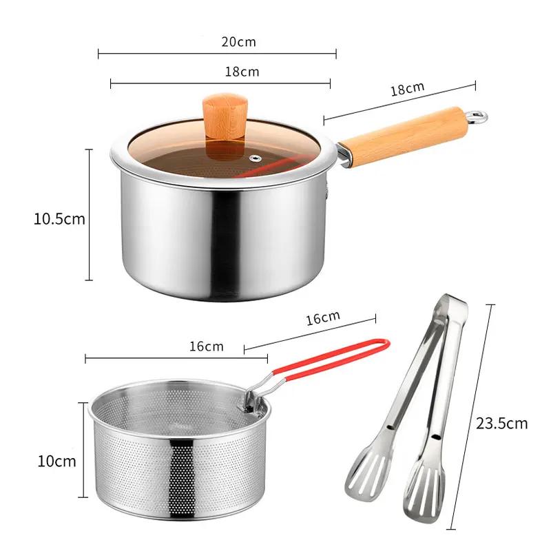 Marmite à friteuse en acier inoxydable de 20cm, avec panier à passoire, manche en bois, Mini cassero