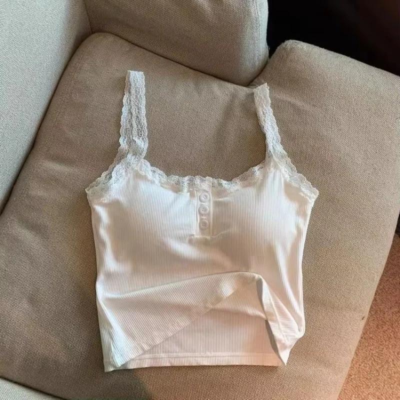 Camisole en tricot blanc Sexy, débardeur en dentelle, gilet court pour femmes, haut court sans manch