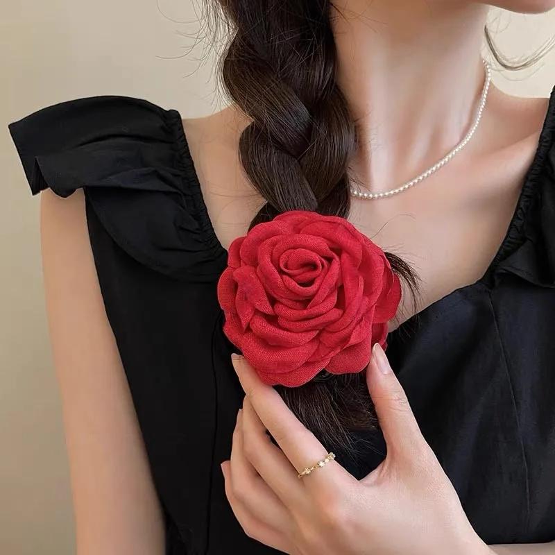 Pinces à cheveux en tissu français pour femmes et filles, pinces à cheveux fleur rose, épingles à ch