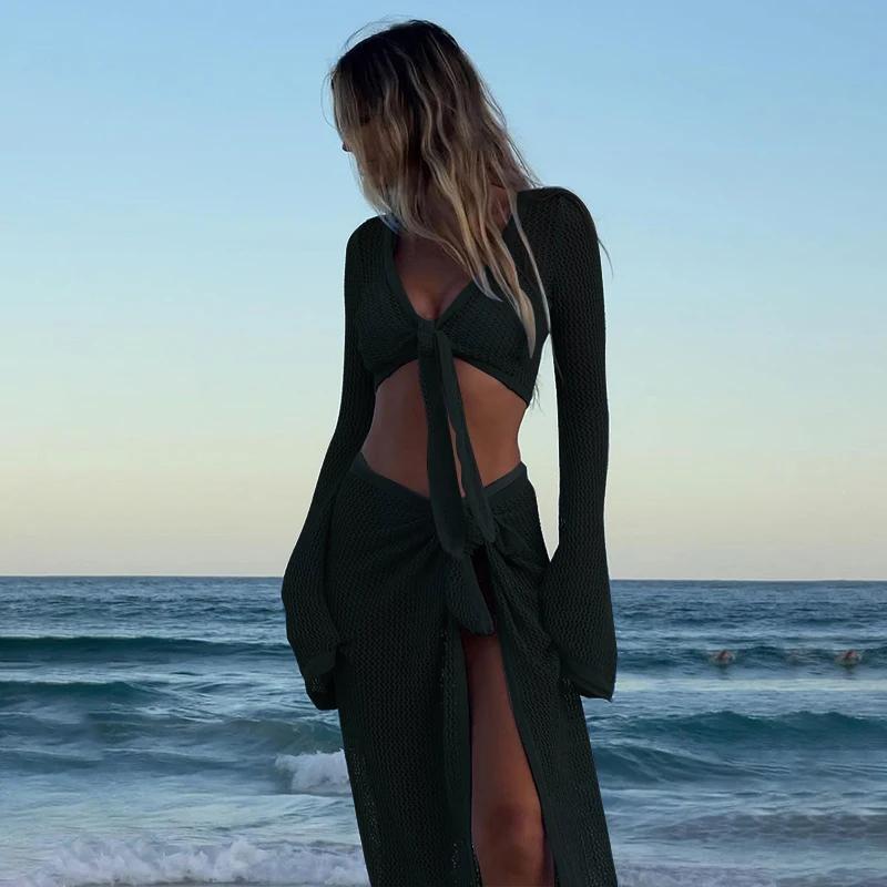 Anfilia Ensemble haut et jupe en tricot à manches longues pour femme, tenue deux pièces décontractée