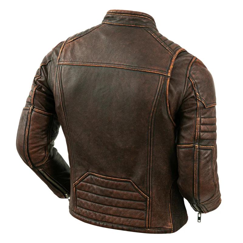 Veste de moto à col montant en cuir de vachette naturel pour hommes, vêtements de motard, marron rét