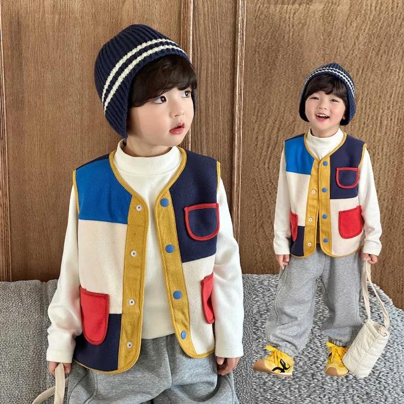 Gilet polaire pour enfants, Patchwork coloré, isolation thermique, chaud, pour garçons, nouvelle col