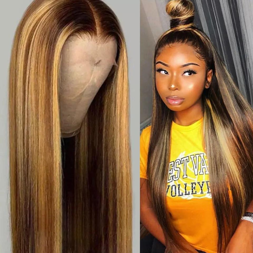 Perruque de nouveau style pour femmes, perruque de piano brune et dorée, cheveux longs et lisses ave