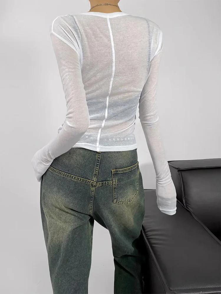 T-shirt semi-transparent à manches longues et col rond pour femme