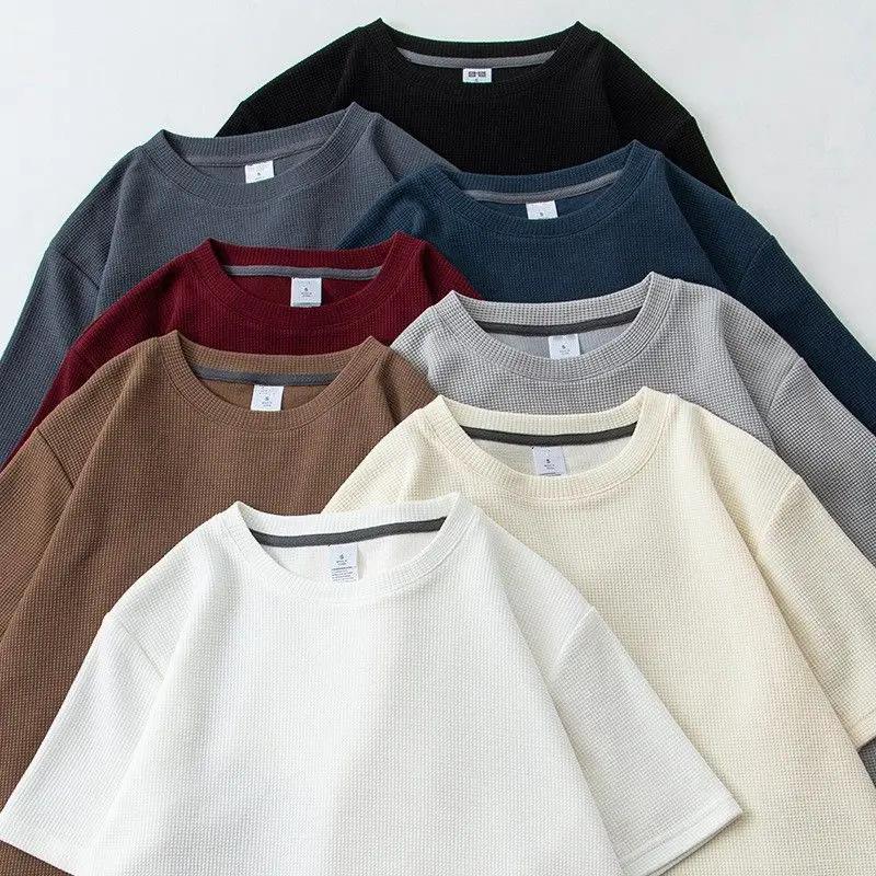 T-shirt gaufré à manches courtes pour hommes et femmes, haut d'été japonais à col rond et demi-manch