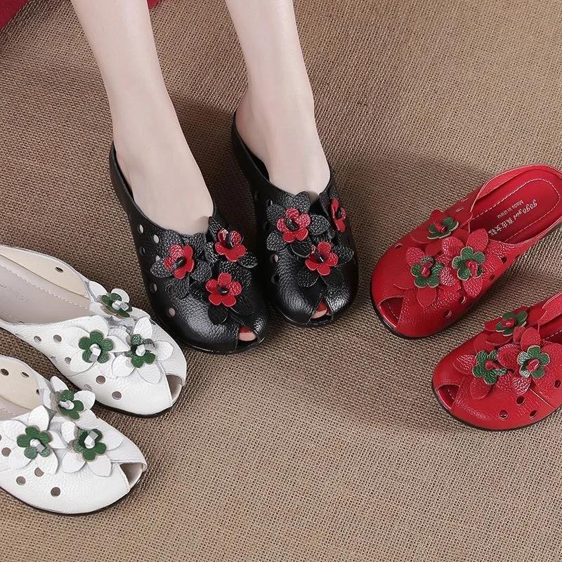 Mode d'été femmes sandales à talons plats mode en cuir véritable à la main fleur femmes sandales à t