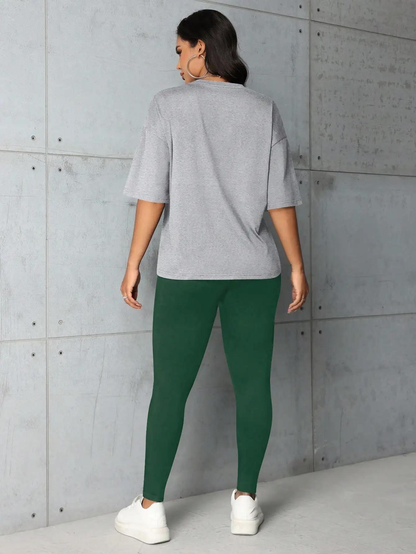 Ensemble 2 pièces imprimé lettre couronne pour femme, t-shirt graphique à col rond, manches courtes,