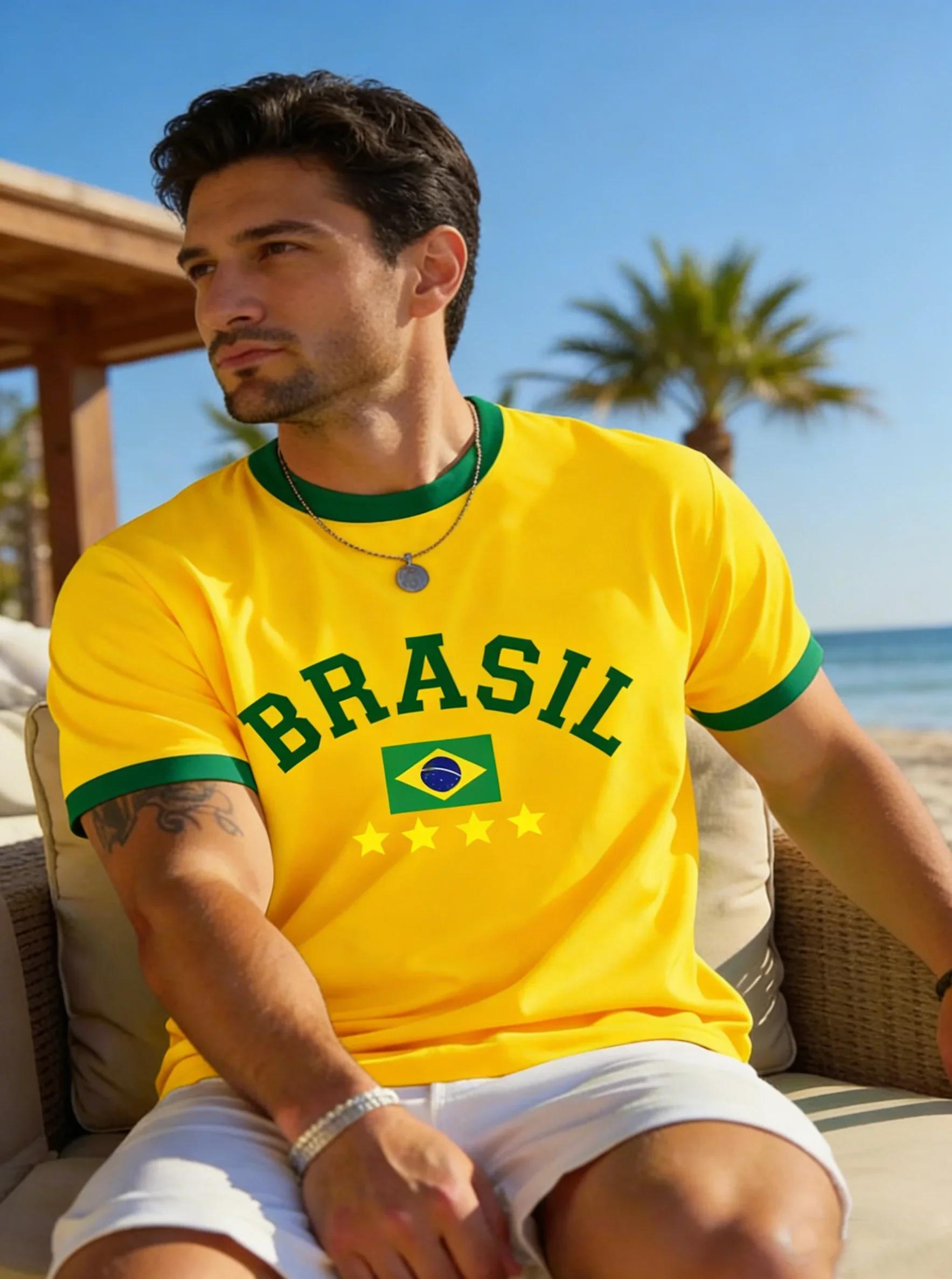 T-shirt d'été pour hommes, imprimé drapeau national du brésil en 3D, haut à manches courtes, col ron