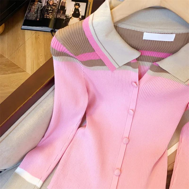 ​ ​ Cardigan ajusté doux en tricot, Style Blazer rose élégant, col contrasté, vêtements de bureau po