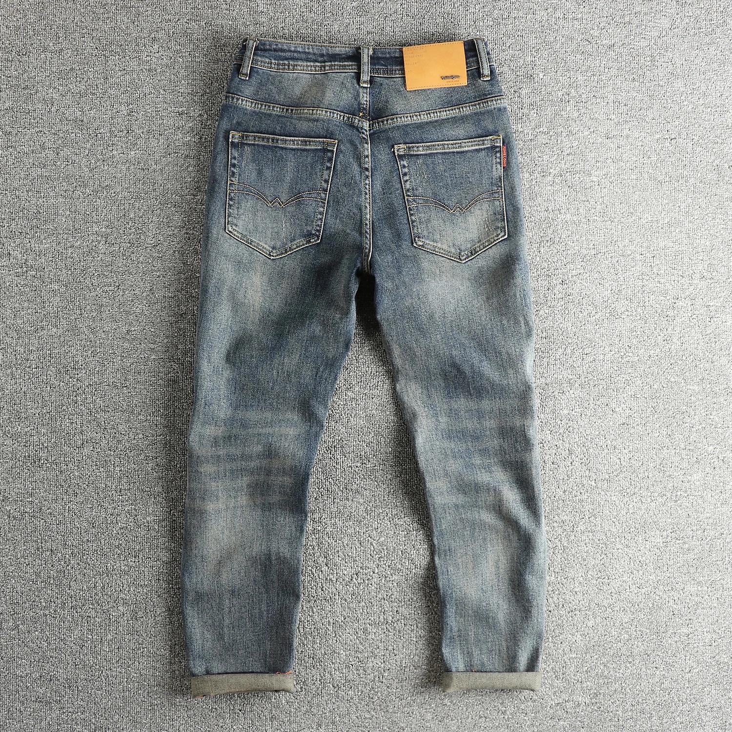 Jean rétro bleu avec moustaches de chat frit pour hommes, tissu personnalisé haut de gamme, marque d