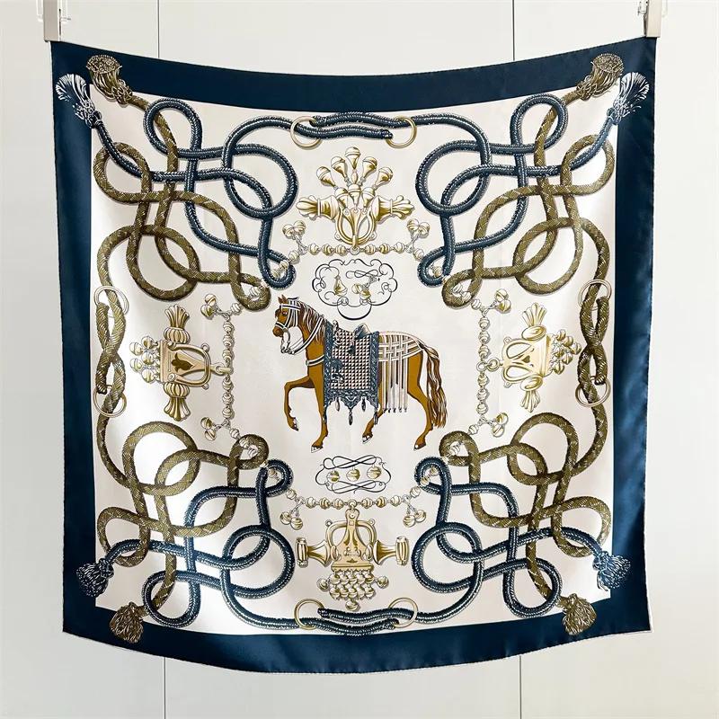 Foulard 100% Soie Motif Cheval, Bandanas Carrés, Châles à Bords Roulés, Accessoires de Vêtements, Dé