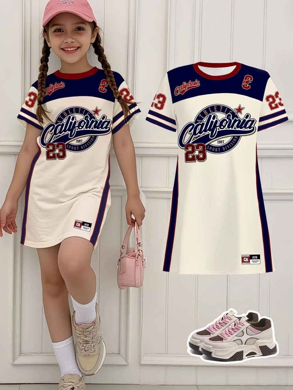 Robe de sport pour filles, imprimé 3D, col rond, manches courtes, robes d'été, style sport baseball,