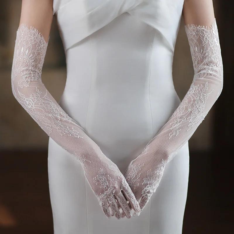 Gants longs en dentelle blanche, maille Sexy, cils, Tulle, coude de mariée, accessoires de Costume d