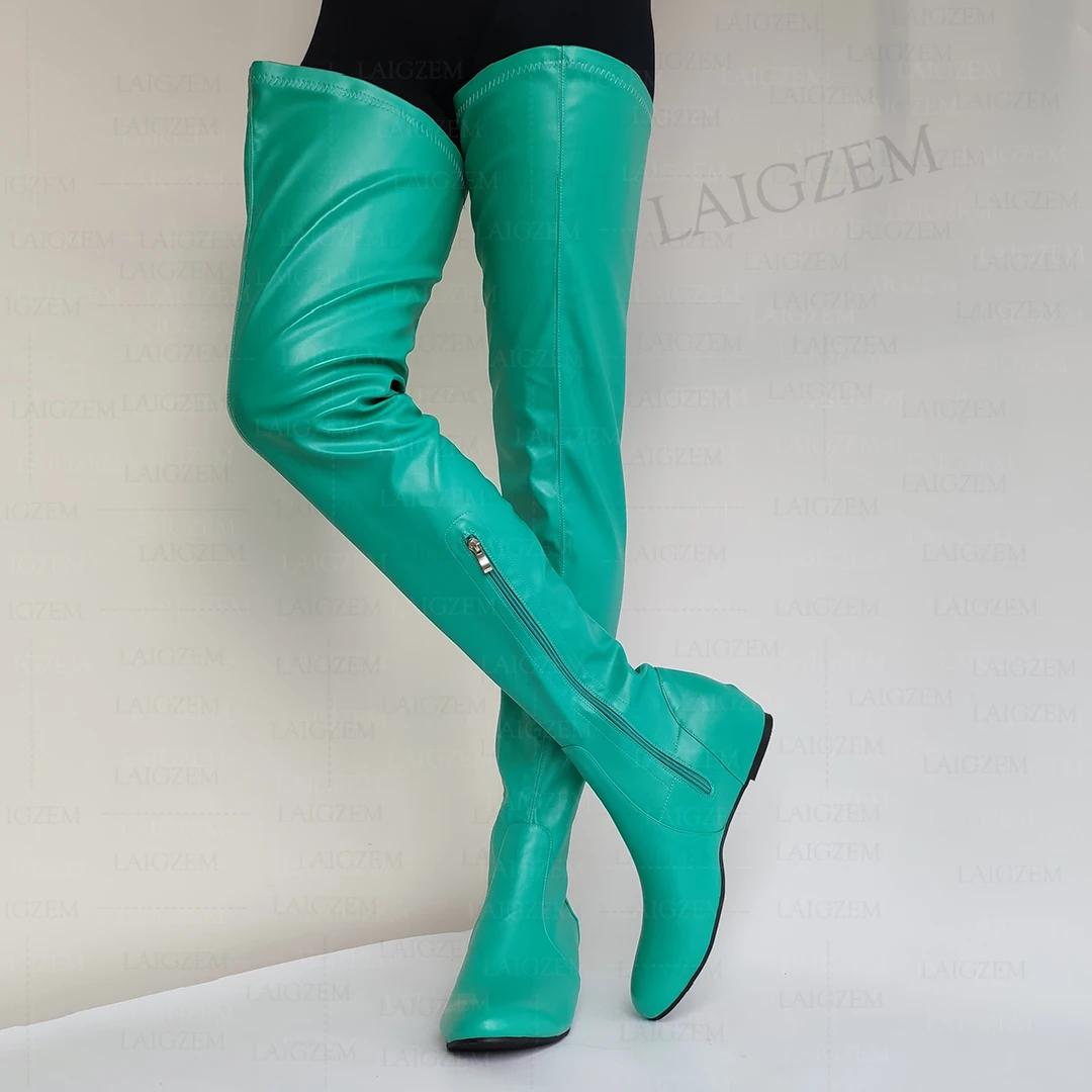 LAIGZEM femmes cuissardes en Faux cuir bout rond fermeture éclair latérale mi talons cachés bottes d