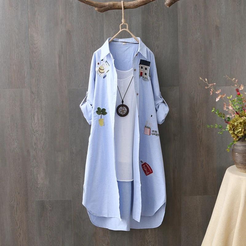 Femmes coton broderie ample longues chemises blanches 2025 printemps automne nouveau décontracté bur