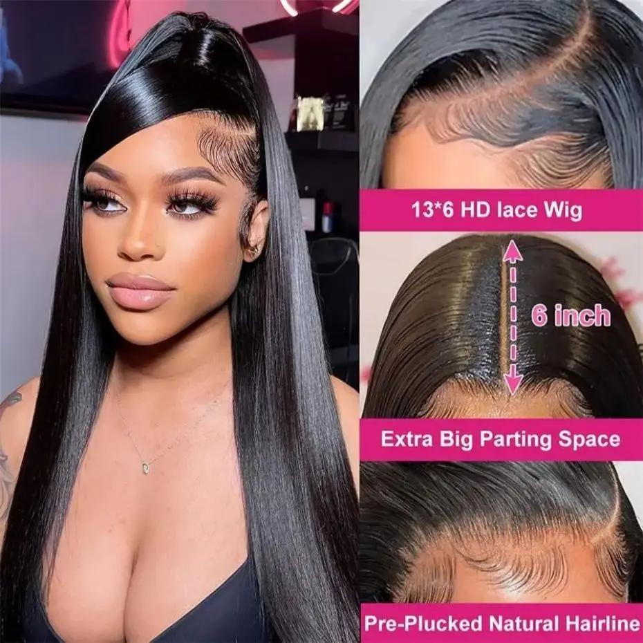 Perruque Lace Front Wig naturelle brésilienne lisse, cheveux lisses, sans colle, 13x4, 13x6, HD, pre