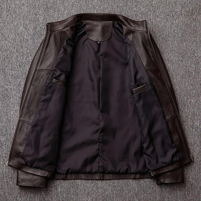 Veste en cuir véritable pour homme, coupe slim, col montant, première couche de cuir de vachette, vê