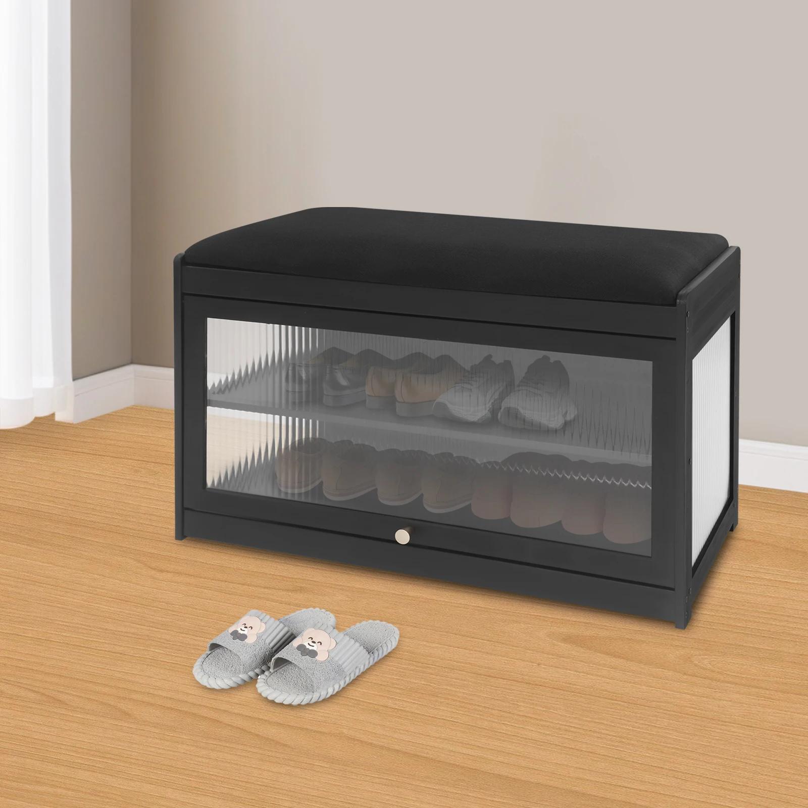 Banc à chaussures rectangulaire à 2 niveaux avec coussin et espace de rangement pour entrées, couloi