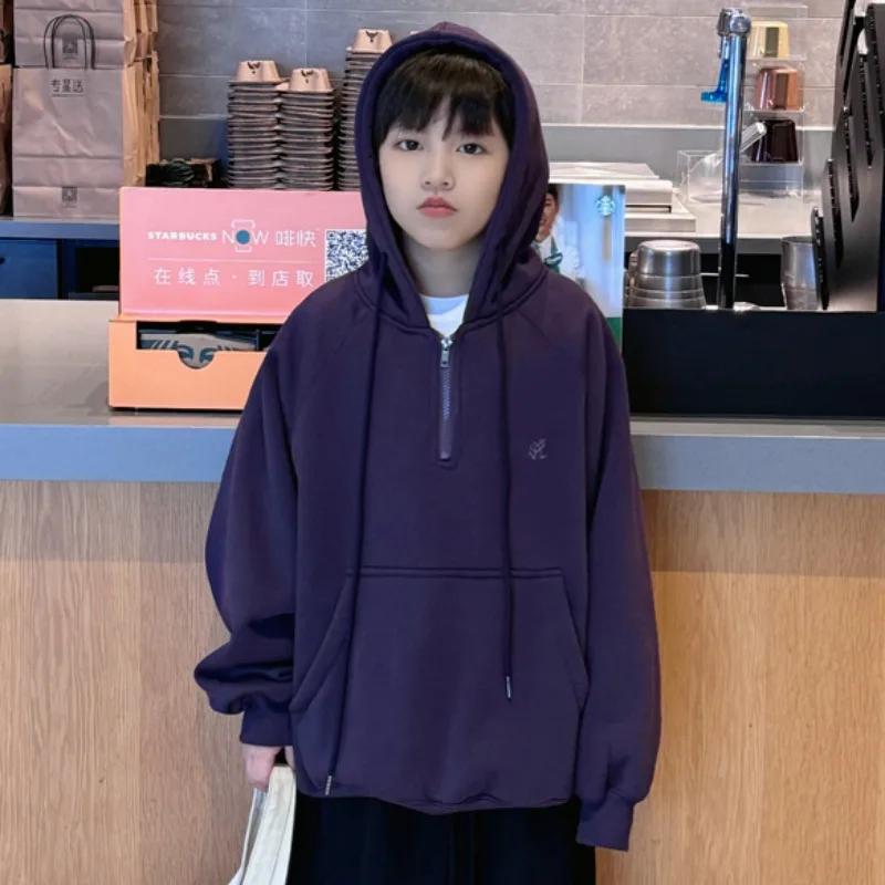 Sweat à capuche doublé de polaire pour garçons et grands enfants, élégant, polyvalent et chaud, pour