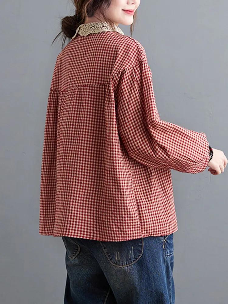 Chemises décontractées à manches longues pour femmes, style simple, col en dentelle, vintage, plaid,