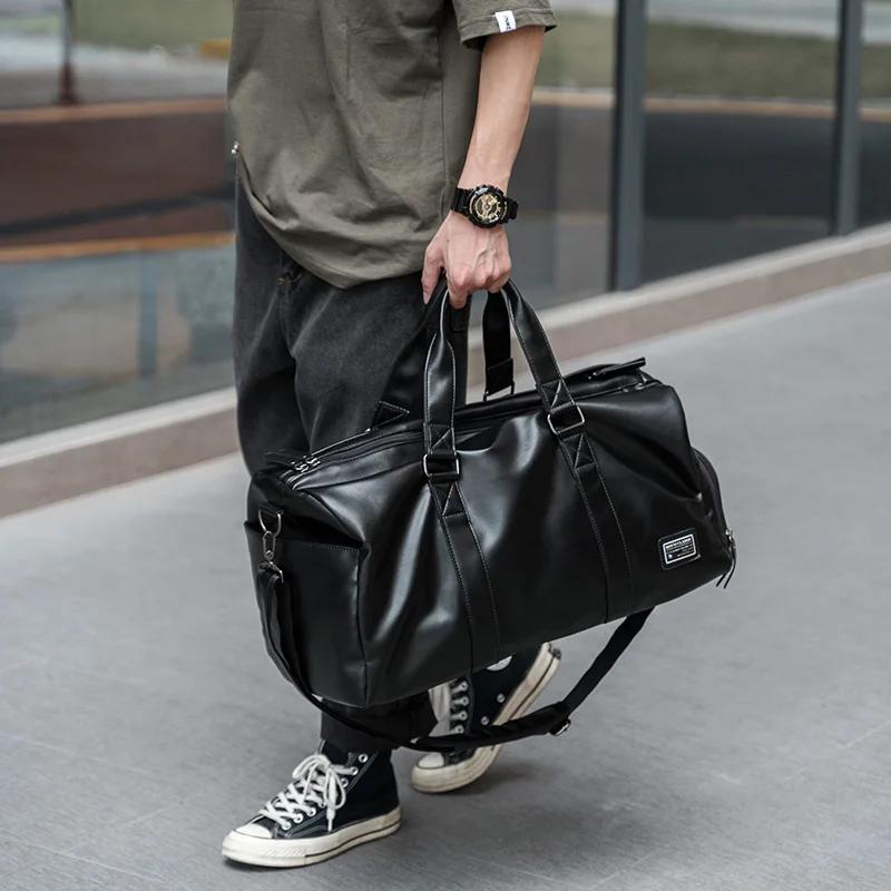 MATE ELAN Sac polochon de voyage en cuir pour hommes, sac étanche vintage avec pochette à chaussures