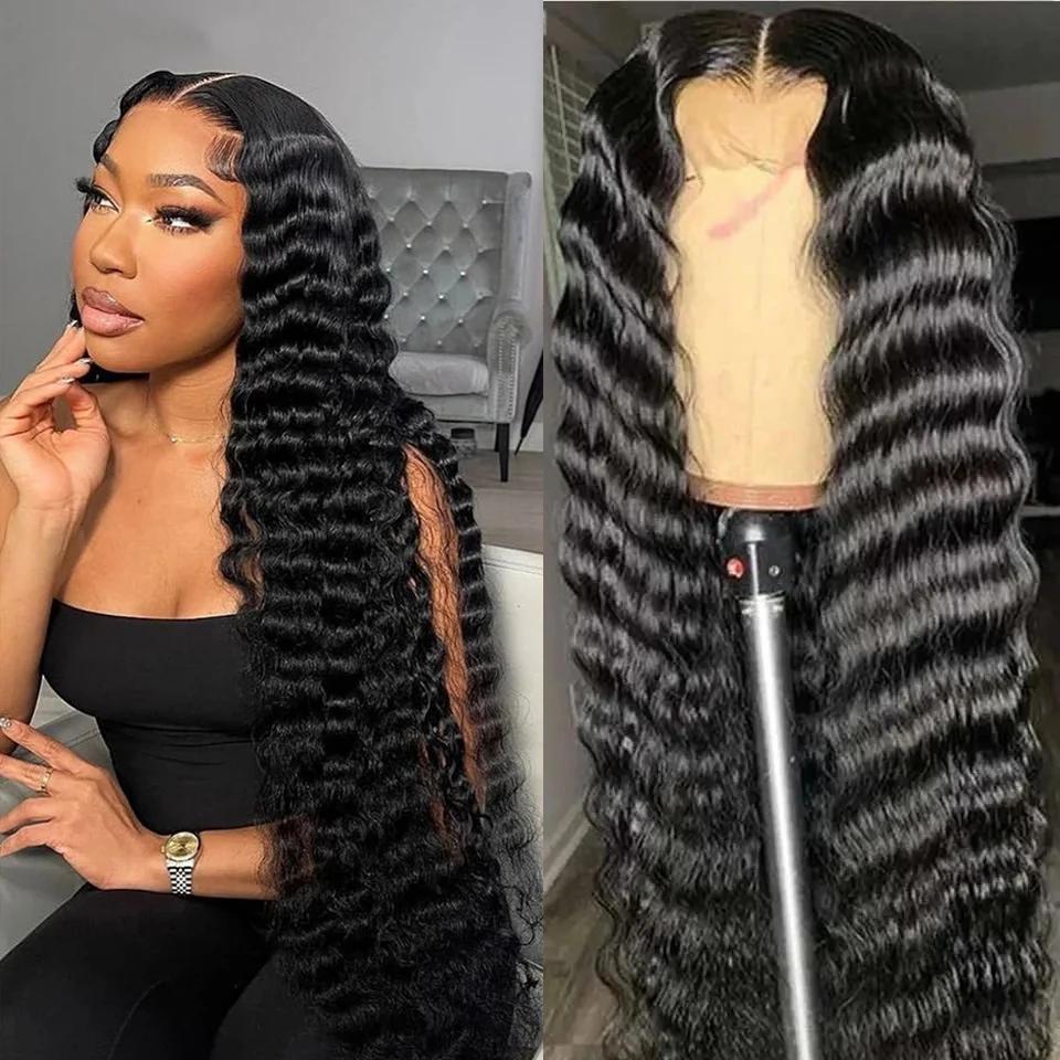 Perruque Lace Front Wig Deep Wave brésilienne naturelle, cheveux humains, 13x6, 13x4, pre-plucked, p
