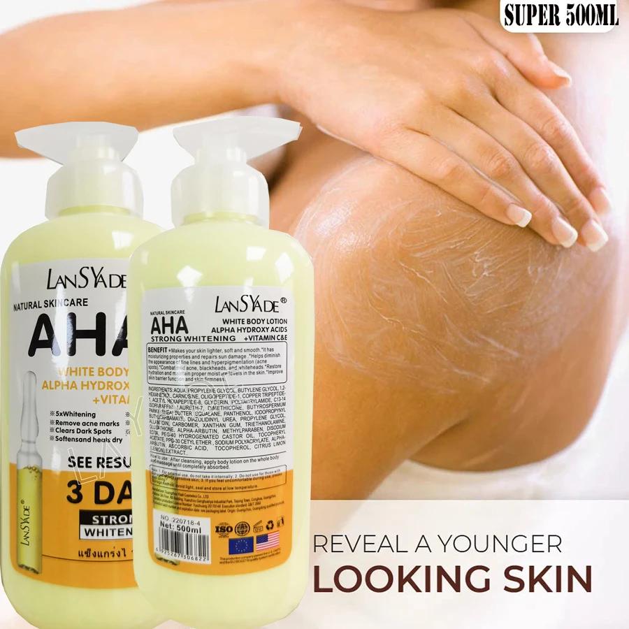 Lotion pour le corps blanchissante, acides hydroxy ALPHA + vitamine C & E, voir des résultats en 3 j