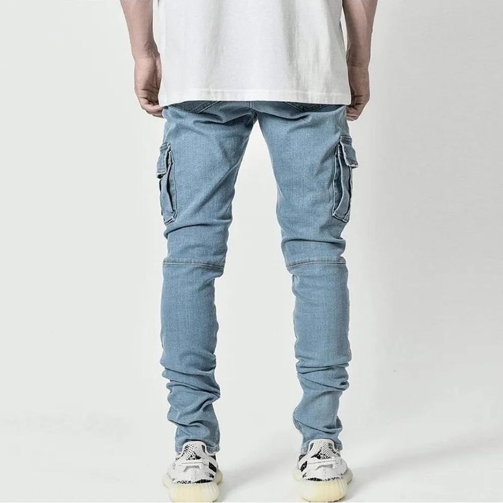 Jean élastique de rue pour hommes, pantalon Cargo en Denim, couleur unie, multi-poches, décontracté,