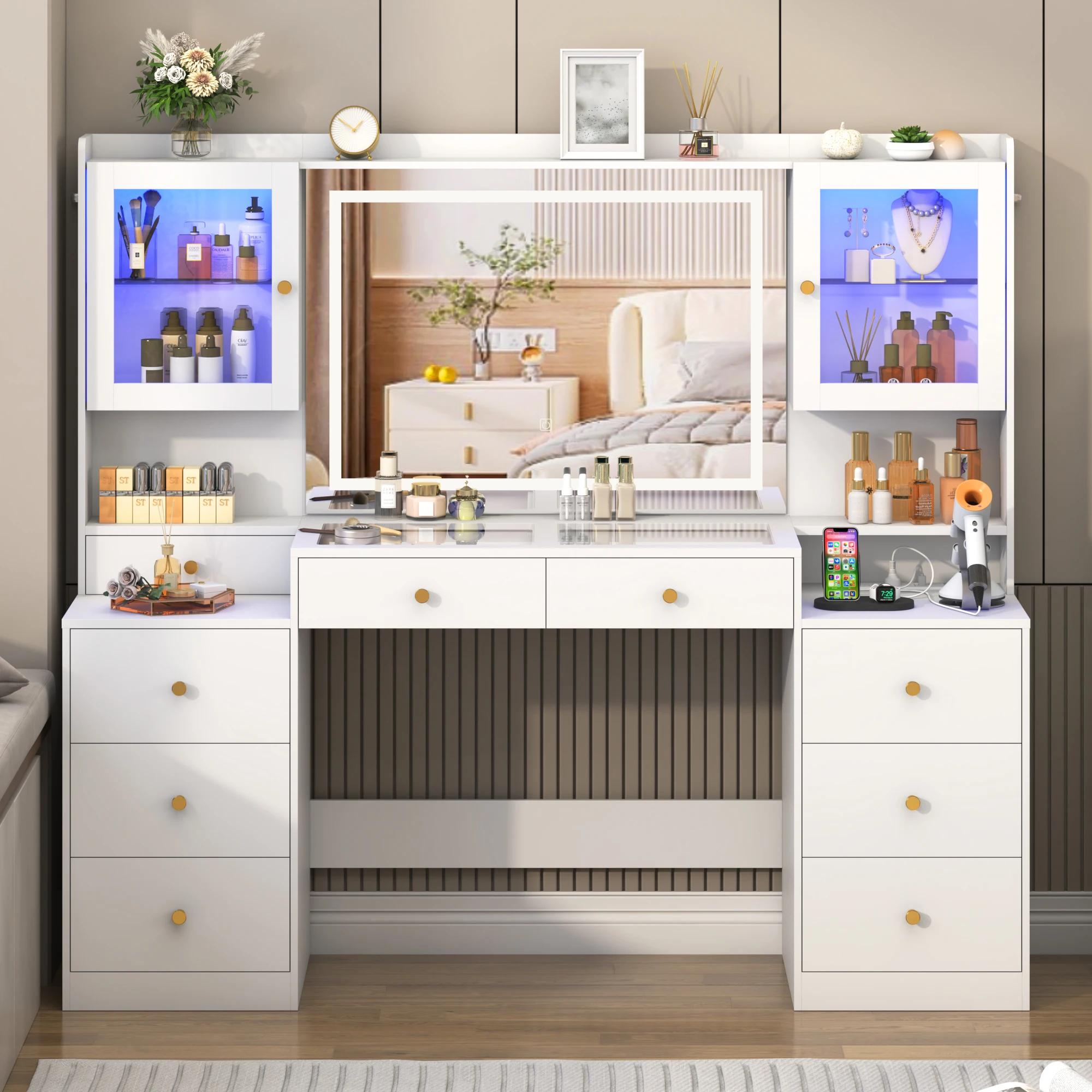 Grand bureau de courtoisie avec miroir et lumières, coiffeuse de maquillage avec station de charge, 